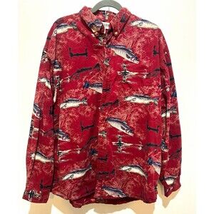 Magellan Sportswear Men's XL Red Long Sleeve Cotton Button-Down Fish Shirt